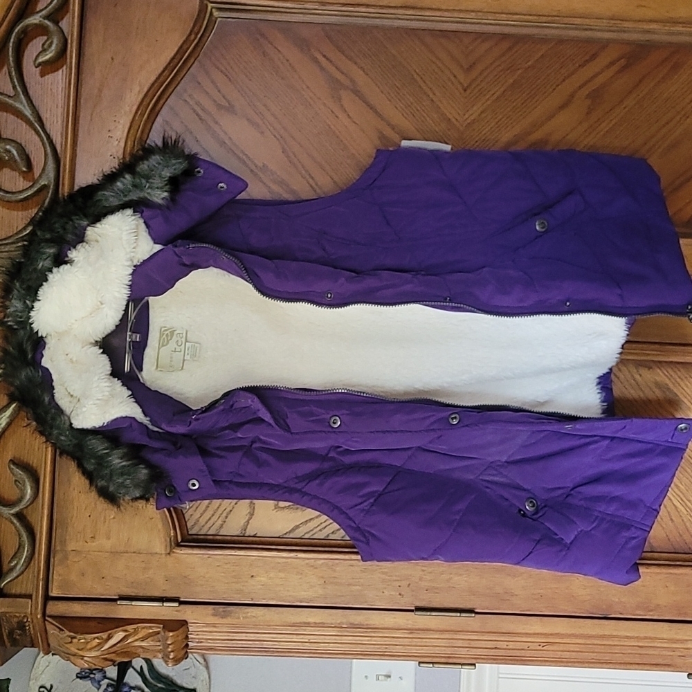 Green Tea Purple Puffer Vest with hoodie.